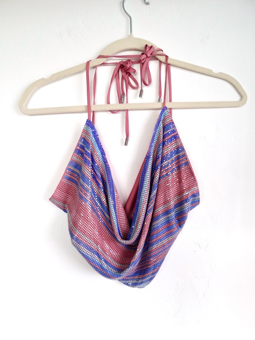 Ramy Brook Blue and Pink Metallic Knit Cowl Halter Crop Top